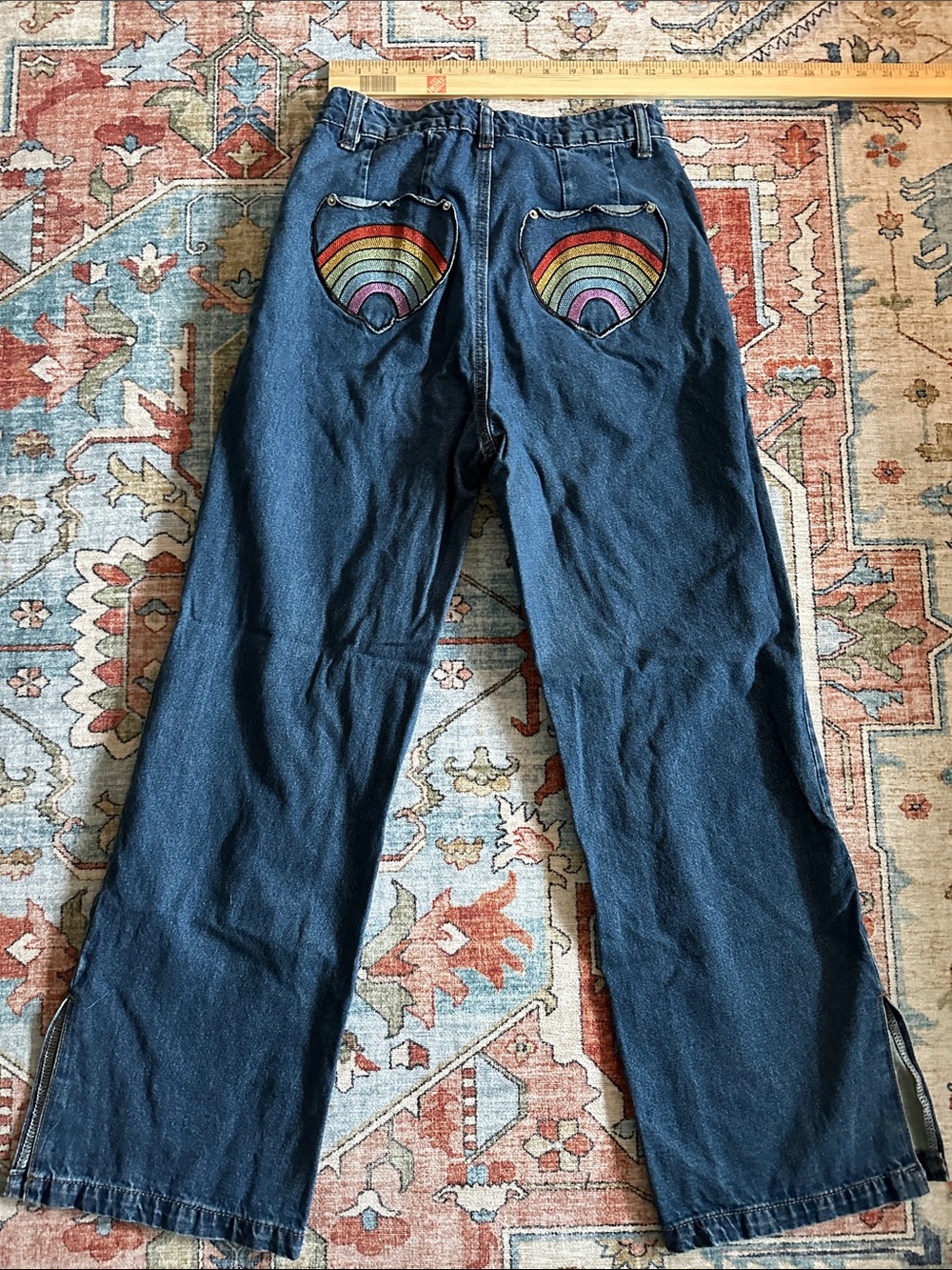 Cider Dark Blue Flare Jeans with Rainbow Heart Pockets